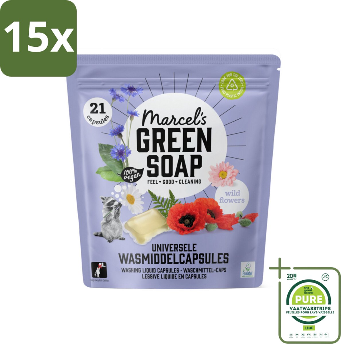 15 x Marcel's Green Soap - Wascapsules - Wilde Bloemen - Gemak in één dosis - 21 Capsules - Grootverpakking - Wascapsules - Biologische Was - Wasmiddel Capsules - Milieuvriendelijke Was - Wasmiddel