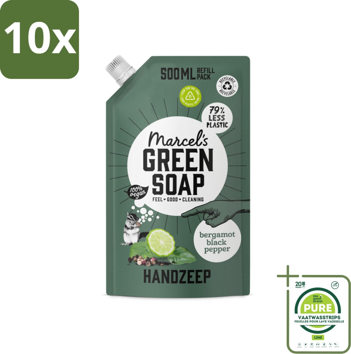 10 x Marcel's Green Soap - Handzeep - Bergamot & Black Pepper - Natuurlijke verzorging - 500 ml - Grootverpakking - Handzeep Navulling - Biologische Handzeep - Duurzame Handzeep - Bergamot Zeep - Zwarte Peper Zeep
