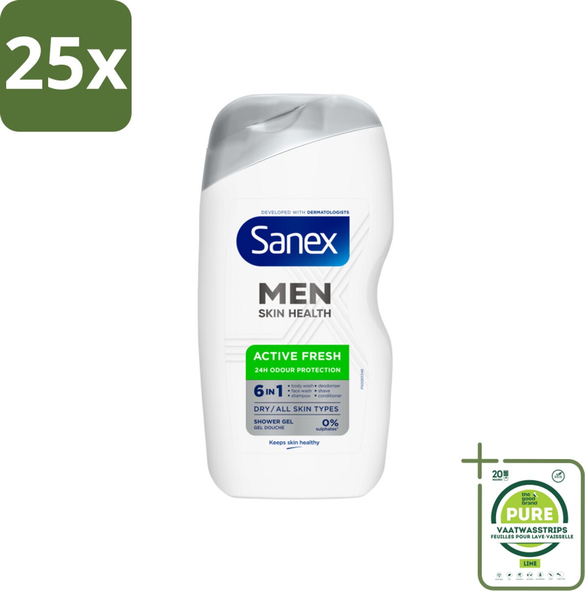 25 x Sanex – Douchegel – Men Active Fresh – 400 ml - Grootverpakking - Douchegel Voor Mannen - Frisheid - Geurcontrole - Huidverzorging - Scheergel