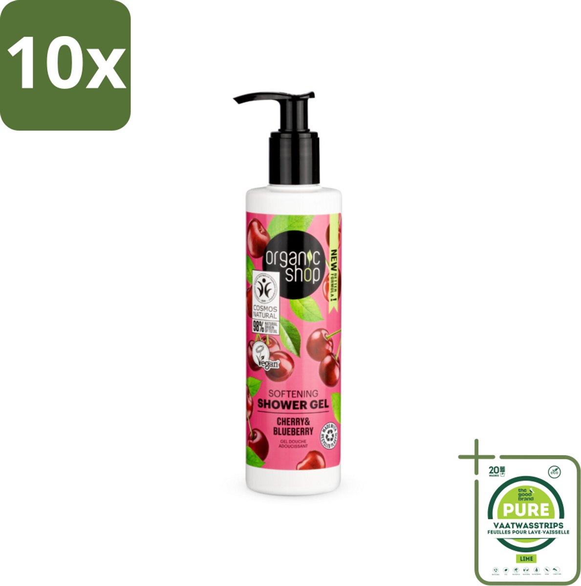 10 x Organic Shop - Douchegel Cherry & Blueberry - Verfrissend en Hydraterend - 280 ml - Grootverpakking - Biologische Douchegel - Douchegel Kers - Douchegel Bessen - Hydraterende Douchegel - Verzorging Douchegel