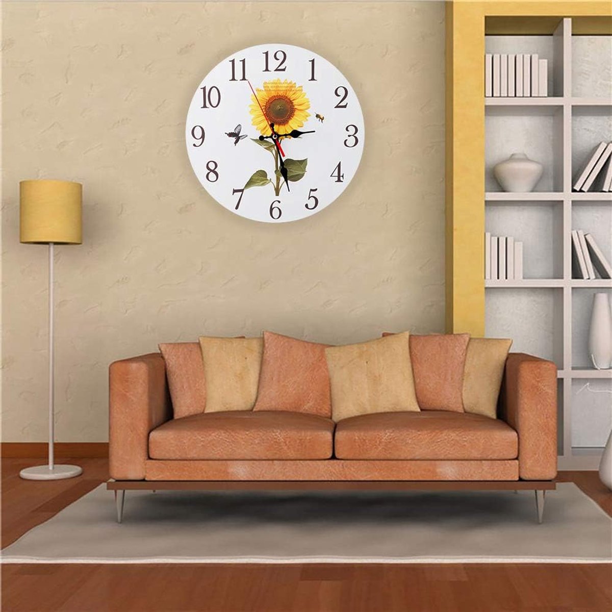 SnelShoppen - Zonnebloem Wandklok met Arabische Cijfers, Ronde Klok voor Thuis en Kantoor Decor, Houten Achtergrond, Stille Quartz Klok zonder Glas, U