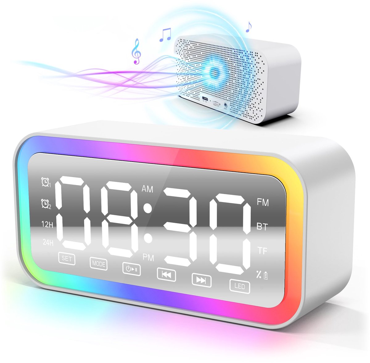 SnelShoppen - Digitale Wekker Klok met Bluetooth Speaker, LED Verlichting, FM Radio, Dubbel Alarm voor Kinderen, Tieners en Volwassenen in Wit