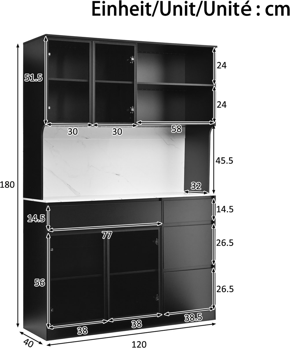 VVBV Vitrinekast - 120 x 40 x 180 cm, Zwart-Wit, met Lades, LED-Verlichting, Glazen Vakken, MDF & Glas, Veel Opbergruimte