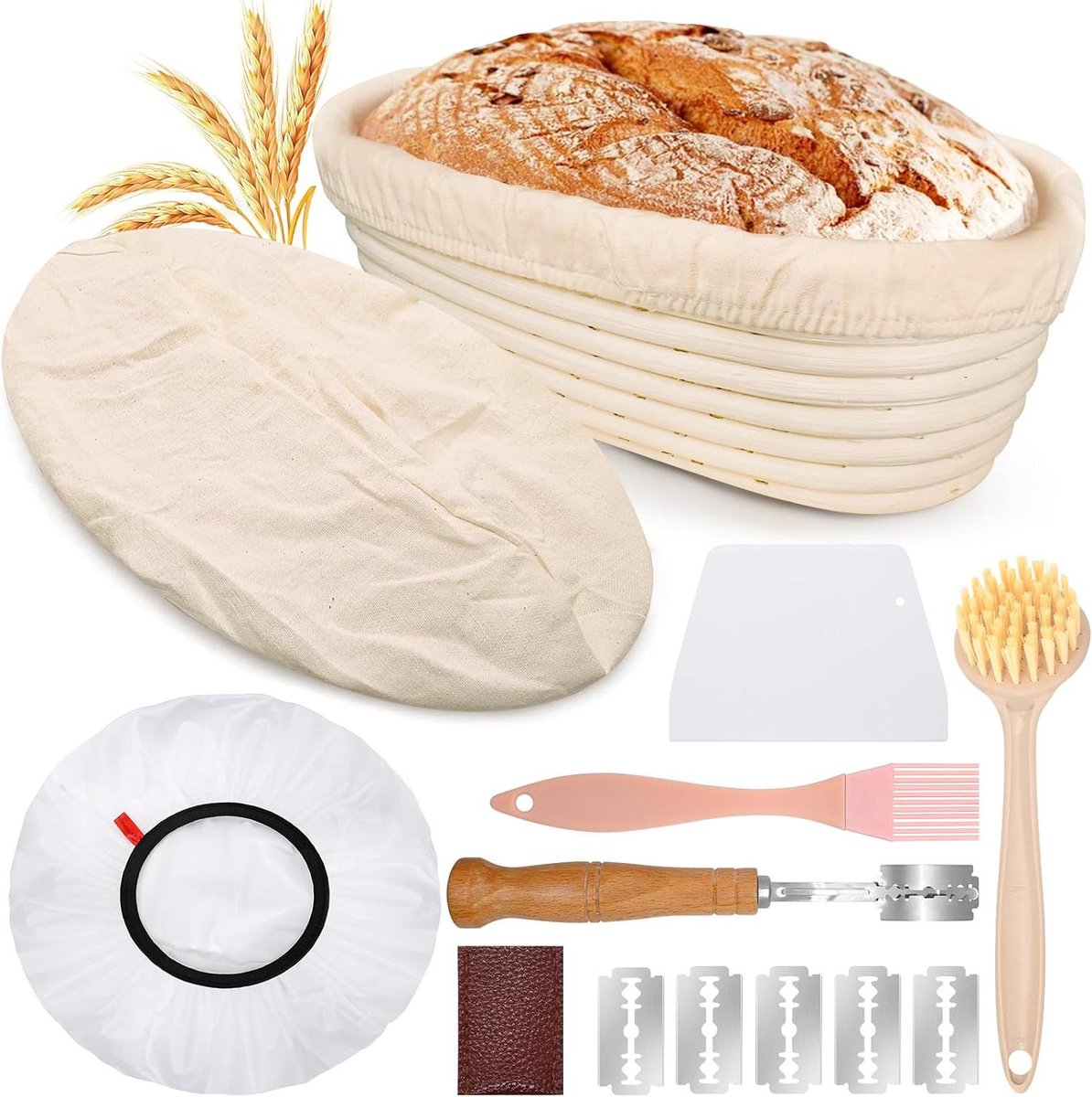 Rijsmandje Brood Broodmand Set Brood Bakken Compleet met accessoires 28 cm Natuurlijk