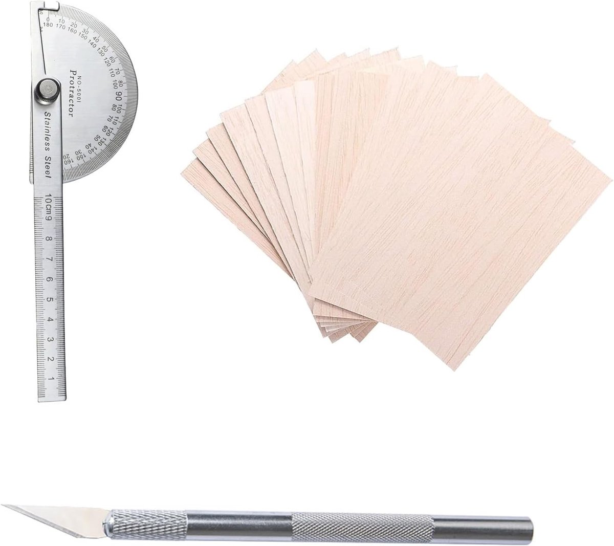 Paulownia Houten Plaat 10 stuks (200 x 100 x 1 mm) + 180° Hoekmeter + Snijmes voor Houtsnijden, Kinderen, Schilderen en DIY Creatieve Projecten