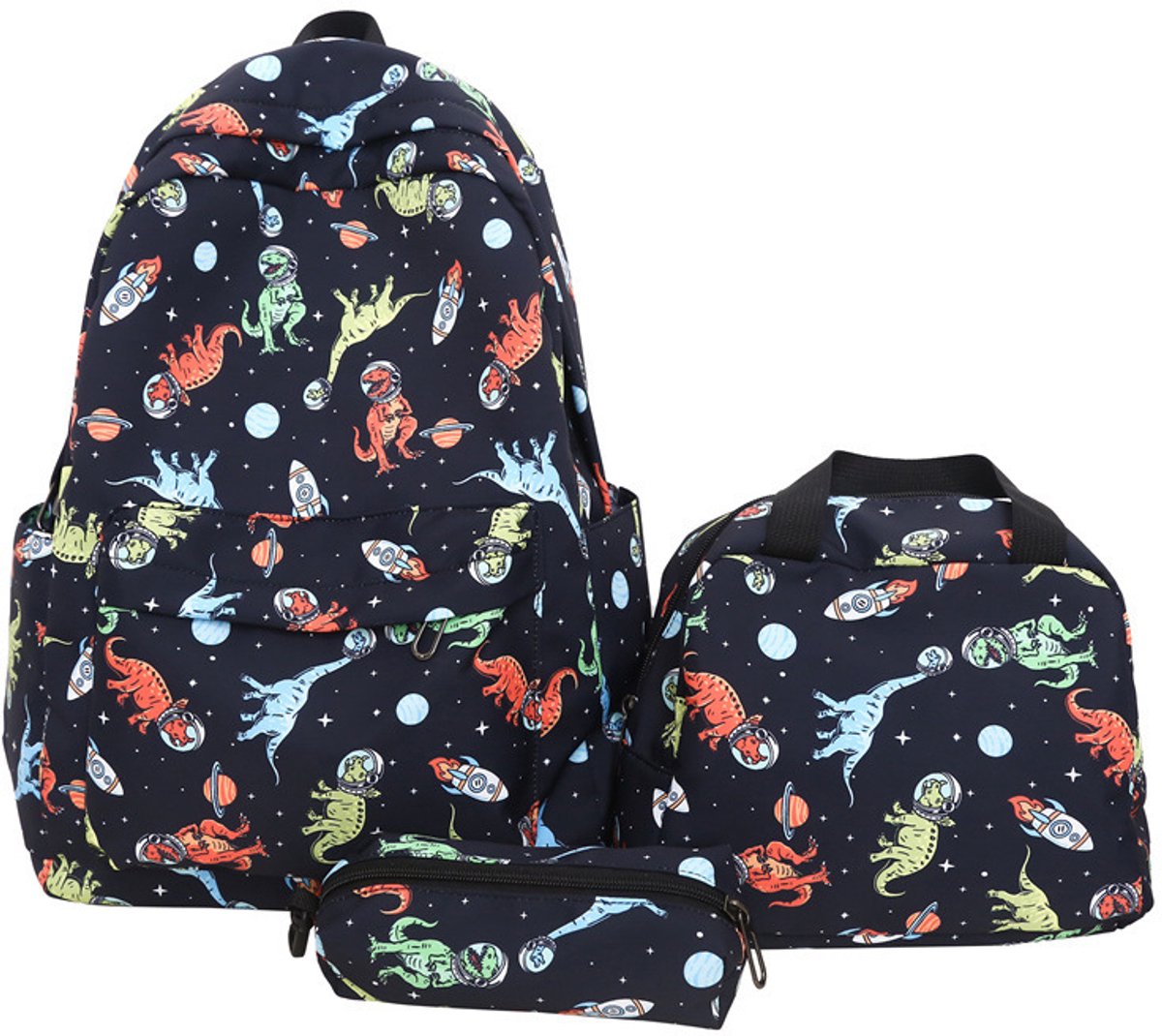 YAGXIG 3-delige rugzakset - Rugzak voor tieners - Rugzak voor de basisschool - Dinosaurussenprint - Grote capaciteit - Rugzak voor de middelbare school - Zwart - Geschikt voor basisschoolleerlingen van 8-15 jaar