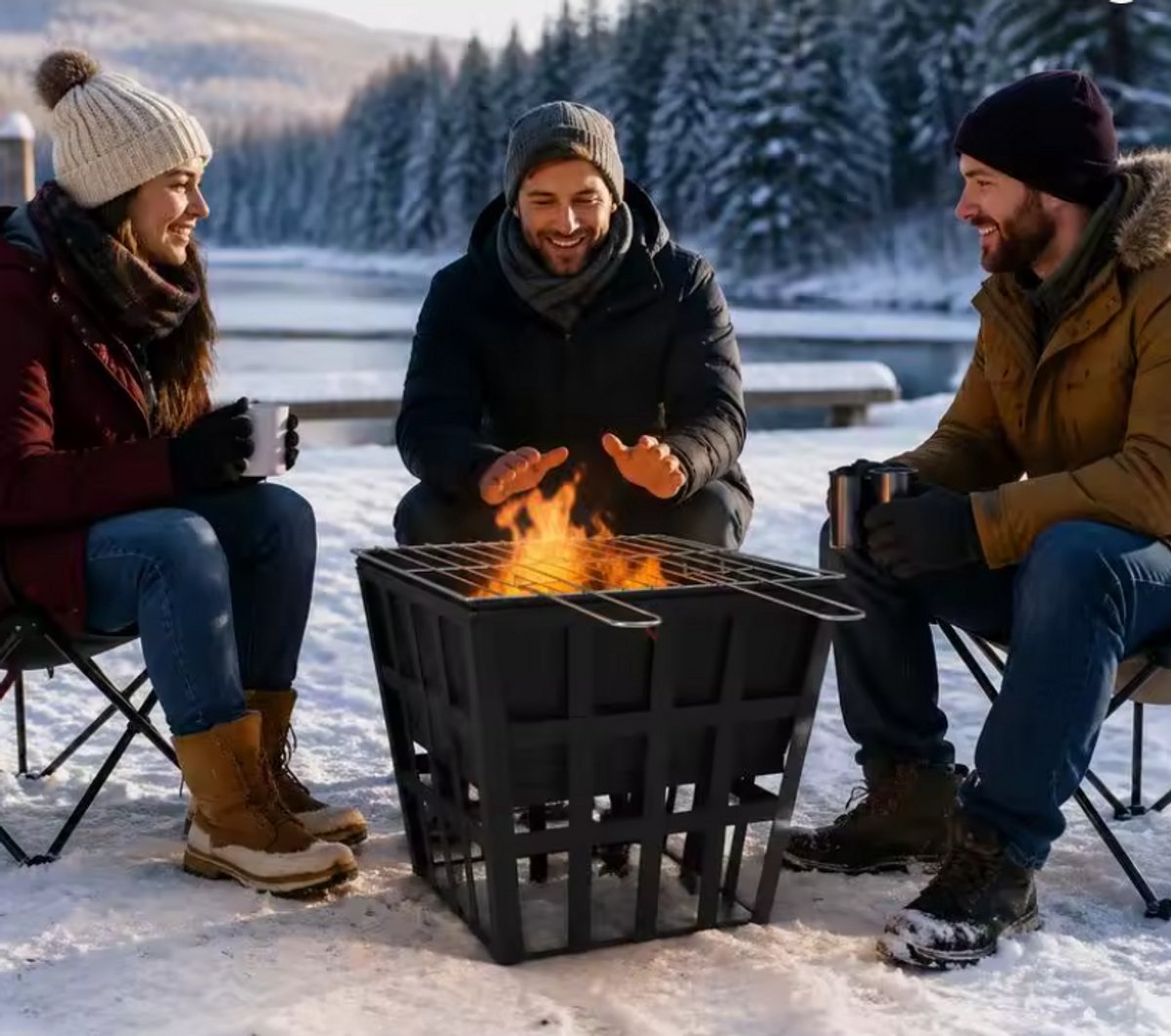 Vuurkorf met BBQ Rooster - Vuurkorf Zwart 34x34x48 cm - Gietijzer / Staal - Terrasverwarming & Barbecue voor Tuin, Camping & Balkon