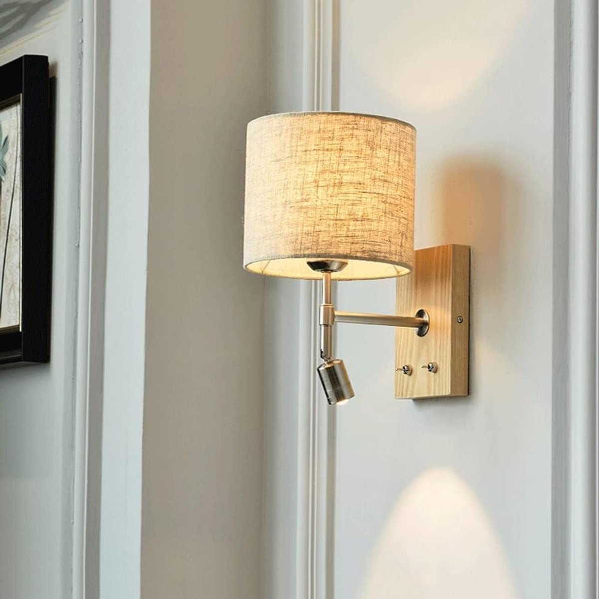 Stoffen Wandlamp - Houten Lamp - Lezen en Verlichten - Verstelbare Leesspot - 18cm x 15cm - Houtkleur