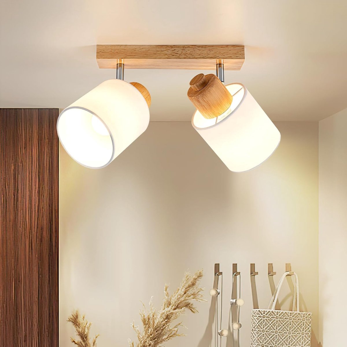 Plafondlamp, Plafondspot, 2 flammig, voor de hal - Plafondlamp van hout, Plafondspot, Vintage, E14, Zwenkbaar 350°, Lamp voor plafond en wand, MAX30W, Stof, voor woonkamer, slaapkamer