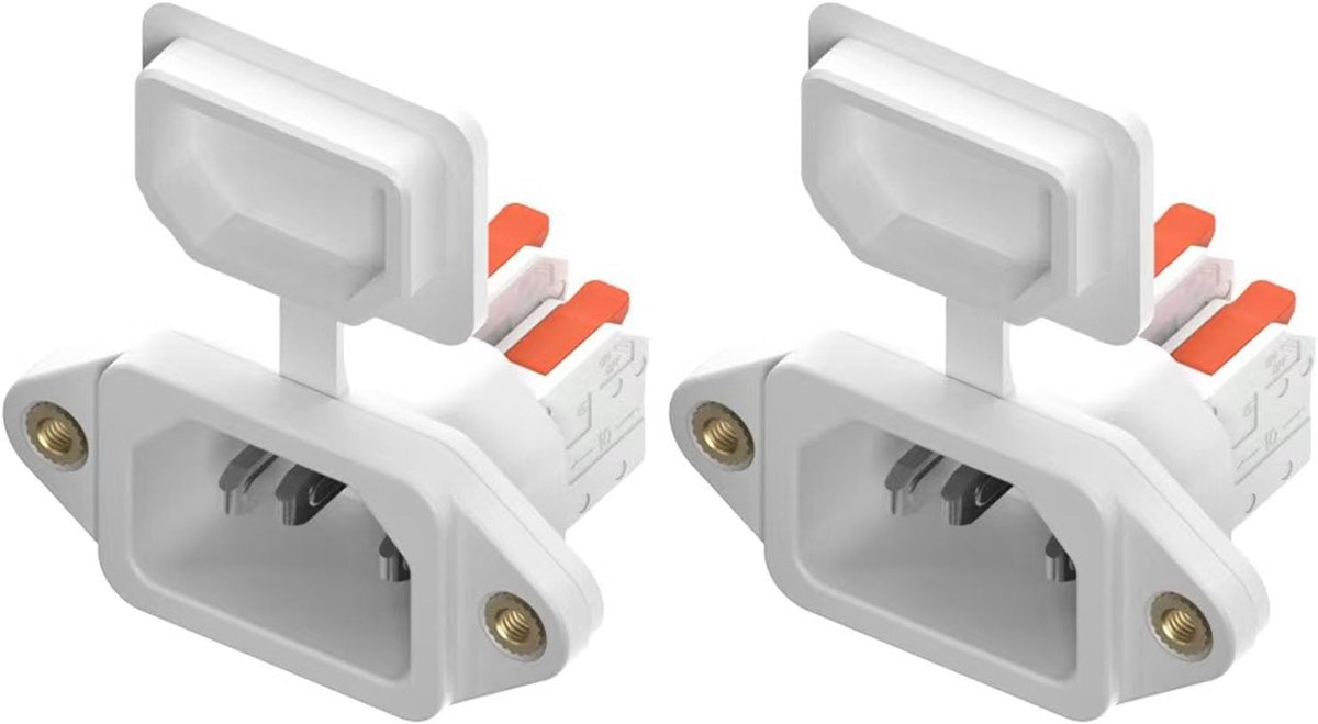 SnelShoppen - 2 Stuks C14 3-polige Inbouwsocket voor Koelapparaten, Oranje Handvat, IEC Koelsocket, 10A 250V, Wit, Draadgat met Waterdichte Dop