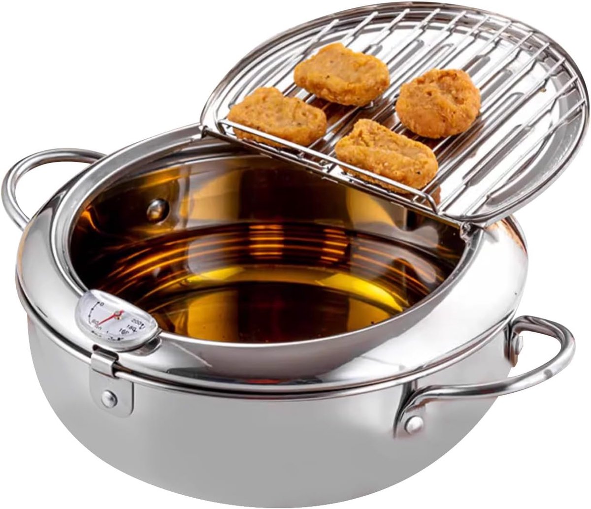 SnelShoppen - Garsent Diepvriespan 3.2L - RVS Frituurpan met Thermometer, Deksel en Olieafvoer met Circles voor Friet, Garnalen, Kippenvleugels - Keuk