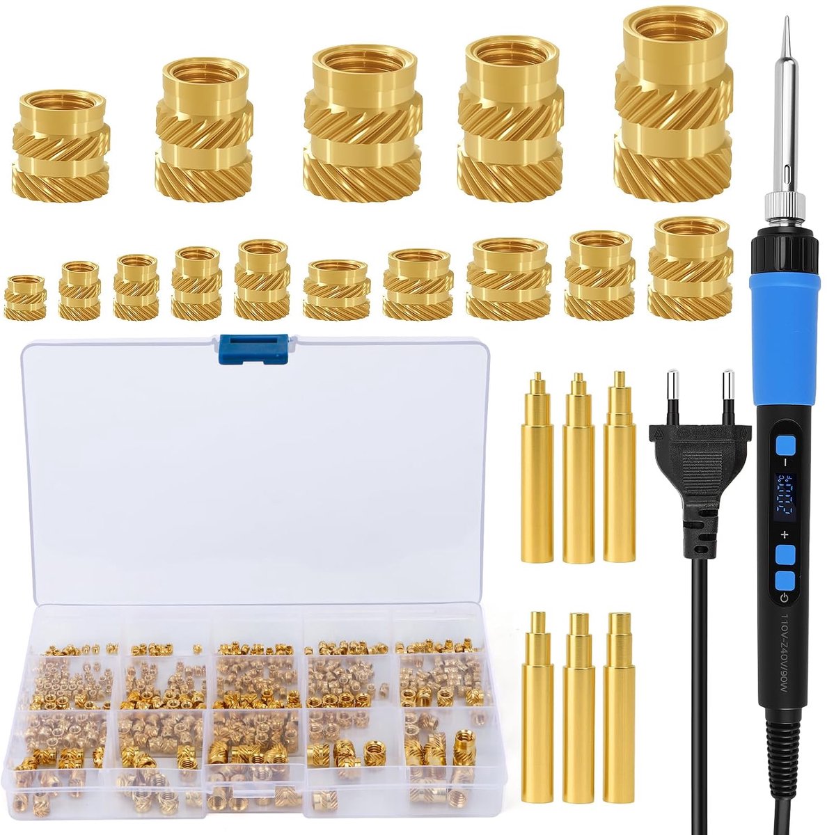SnelShoppen - Soldering Iron Set 90W met 257 Draad Inserts, Verstelbare Temperatuur, Messing Draad Inserts M2/M2.5/M3/M4/M5/M6, 6 Stuks Soldeertips vo