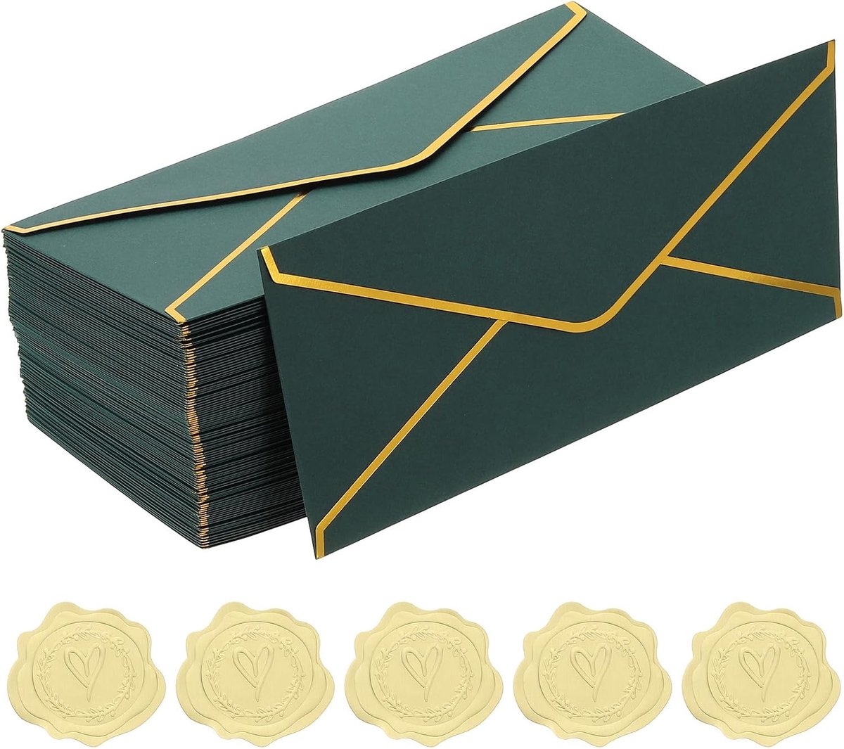 SnelShoppen - 100 Stuks Donkergroene Zelfsluitende Enveloppen 10.5x24.1 cm met Gouden Rand en Stickers voor Kerst, Bruiloften en Zakelijke Post