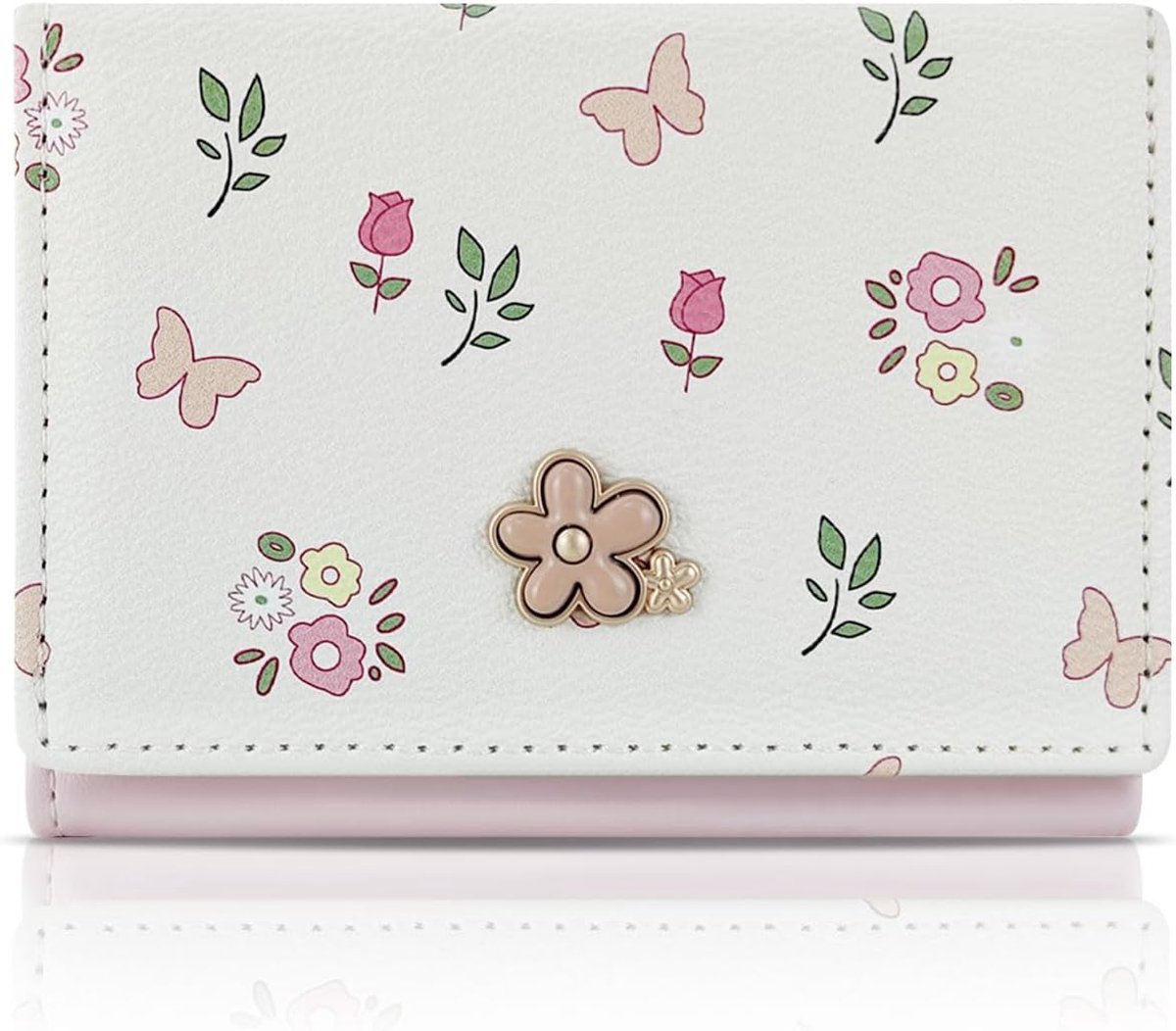 SnelShoppen - Schattige Kleine Portemonnee Bloem Knop en Vlindersprint Kleine Tas voor Vrouwen Elegante PU Portemonnee met ID Venster voor Reizen Wink