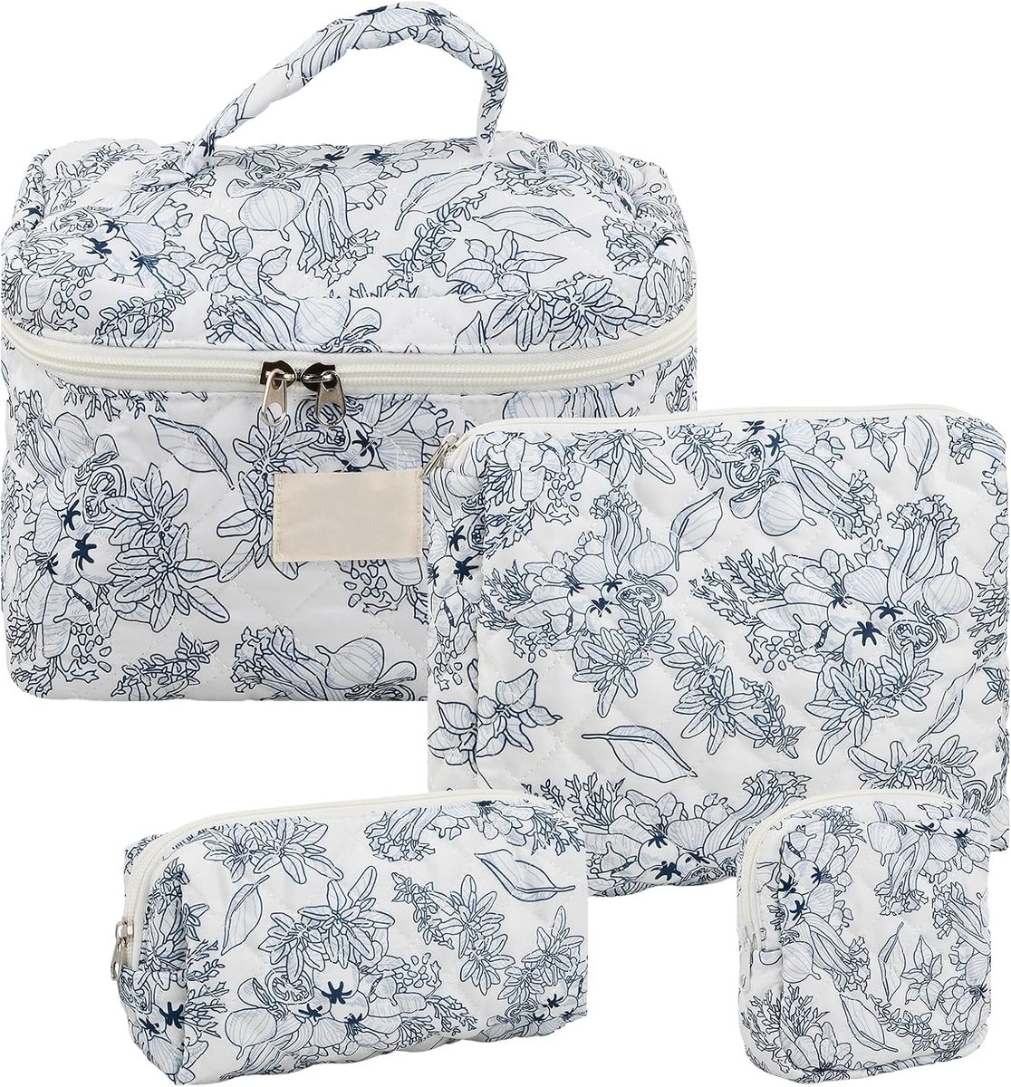 SnelShoppen - 4 Pcs Make-up Tas Vrouwen Reistas Cosmetica Organizer Zachte Katoenen Make-up Tas Met Rits Bloemenpatroon Grote Capaciteit