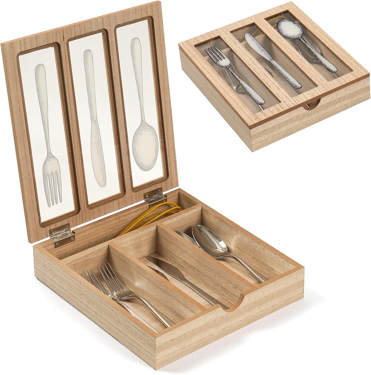 Bestekbak met Deksel - Hout - 27 x 30 x 6 cm - Met Kijkvenster en 4 Vakken - Voor Keuken, Caravan of Camping