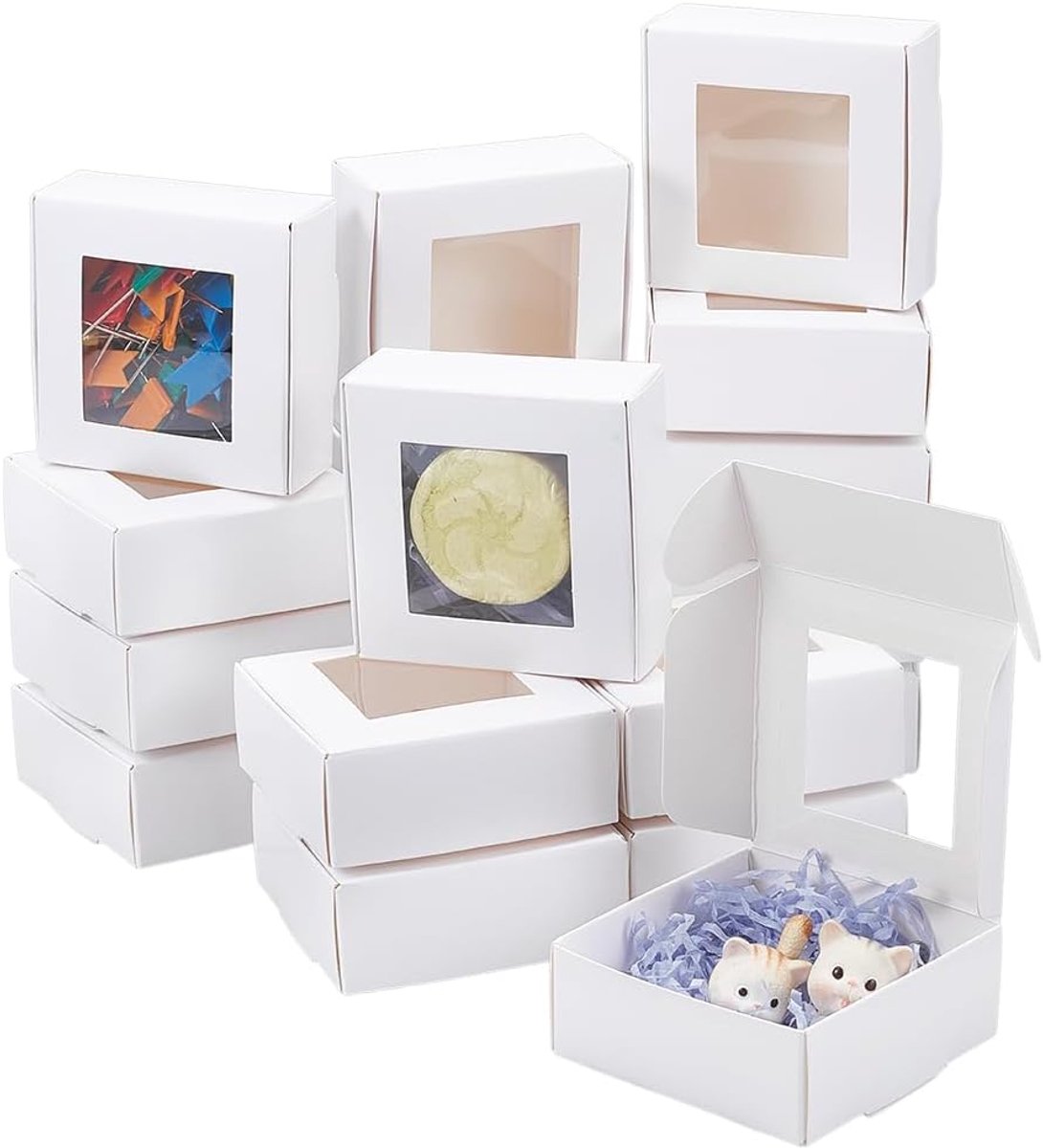 SnelShoppen - 36 Stuks Vierkante Papieren Dozen met Doorzichtig Venster, Witte Verpakkingsdozen 7,8 x 7,6 x 3,1 cm, Opvouwbare Geschenkdozen voor Verj