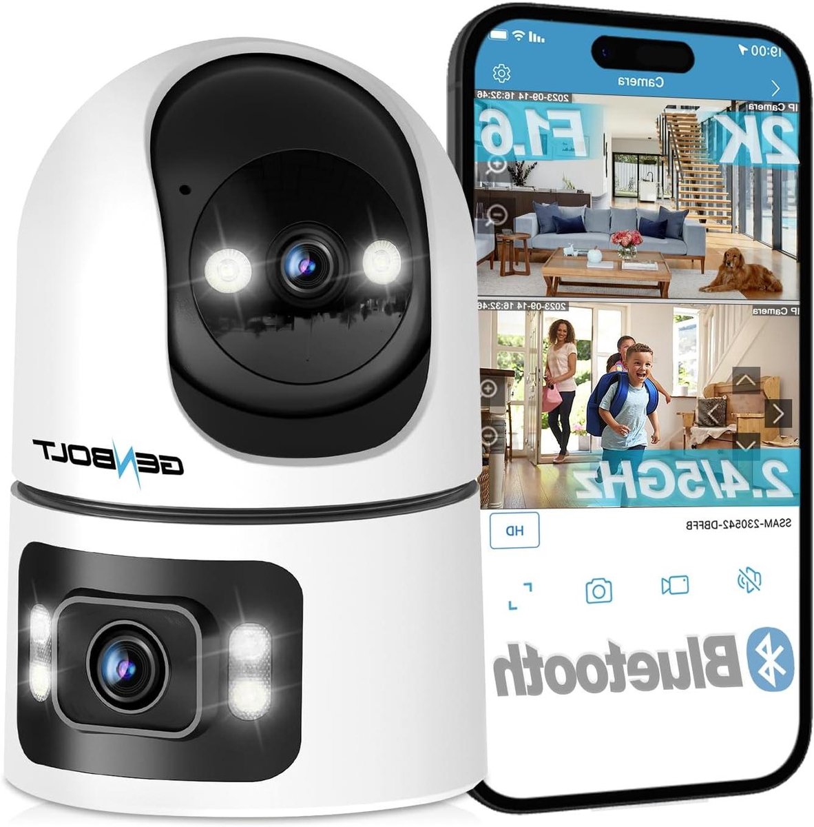Beveiligingscamera Binnen - Bewakingscamera WiFi - Huis Dieren Bewaken - Dubbele Lens 360° - 15 cm Hoog - Wit