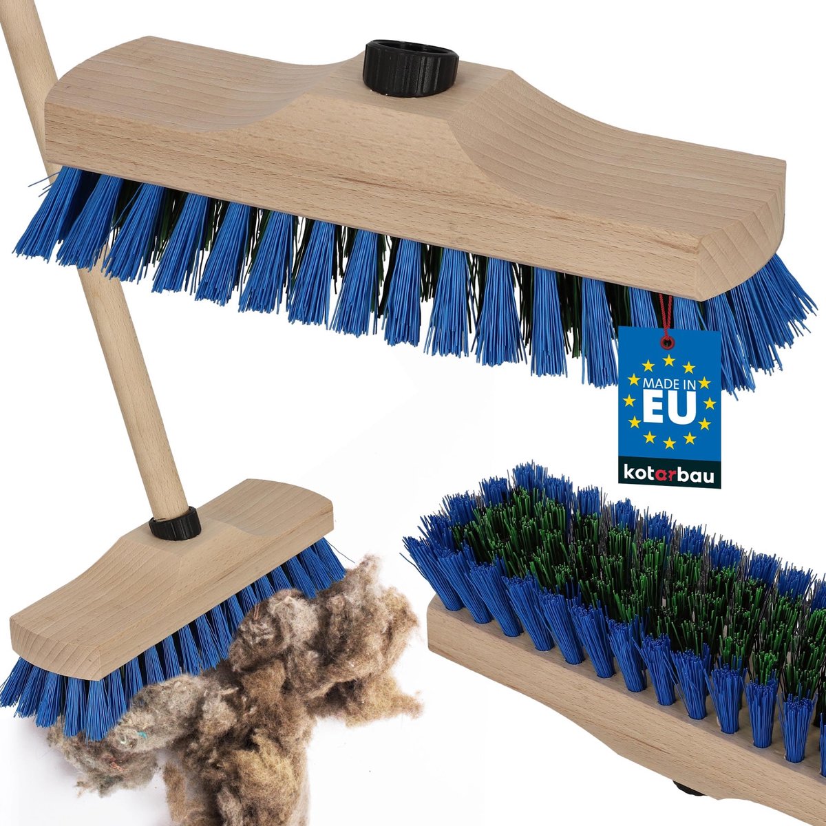 KOTARBAU® Harde Bezem - Vloerschrobber - Buitenbezem - Straatbezem - 23 cm - Veegbezem - met PET-borstelharen - zonder Steel - Beukenhout - Blauw en Naturel