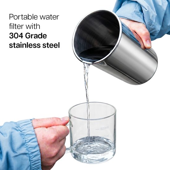 Gefilterd water uit de Phoenix Gravity 1 liter in een glazen maatbeker, met de tekst dat het om 304 roestvrij staal gaat