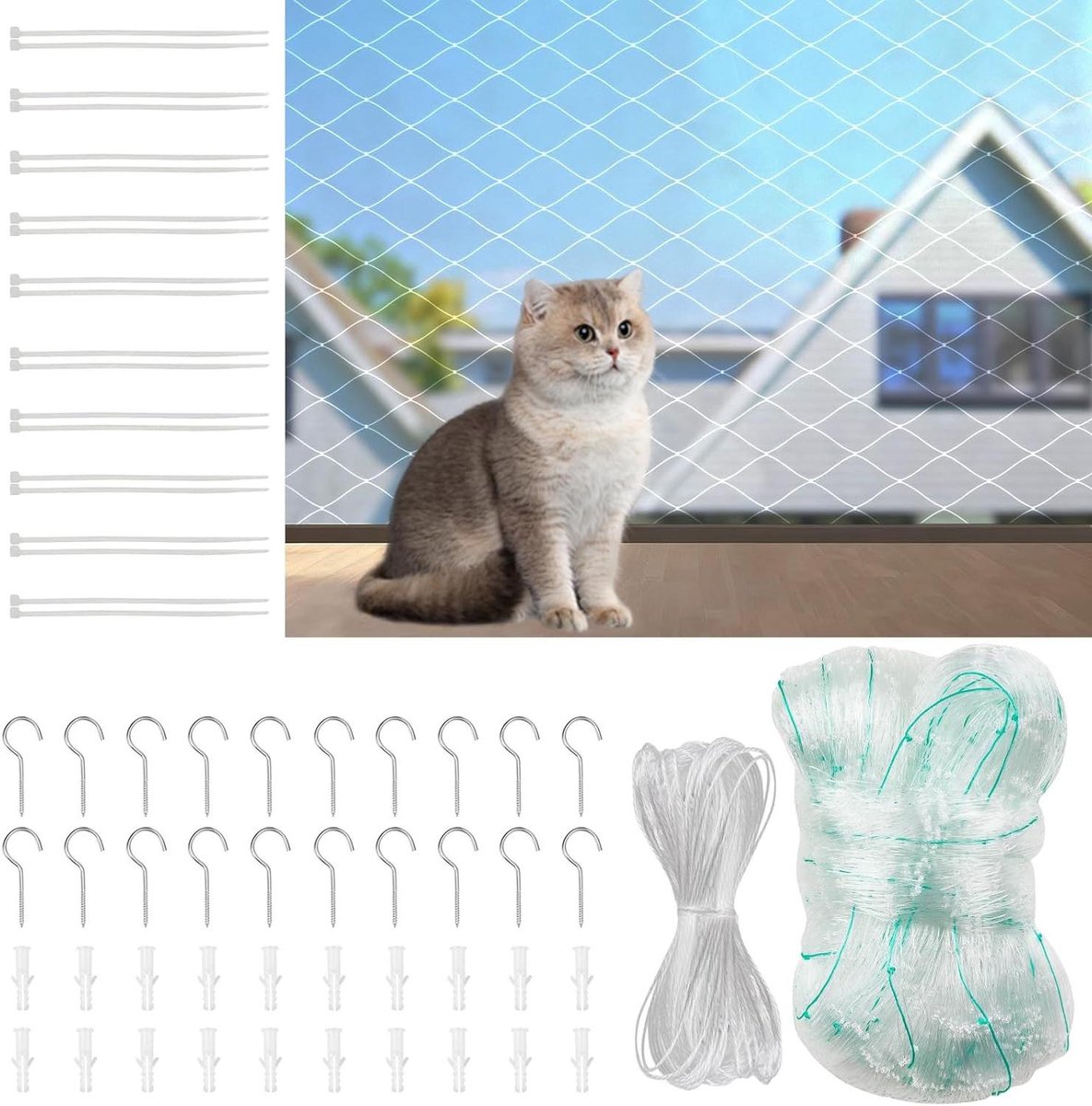 Kattennet Balkon - Veiligheidsnet Huisdier - Huisdieren Beveiligen - Versterkt Zonder Boren - 3 x 4 Meter - Transparant