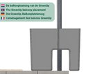 Grijze plantenbak voor balkon met tekst 'De balkonplaatsing van de GreenUp'.