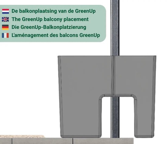Grijze plantenbak voor balkon met tekst 'De balkonplaatsing van de GreenUp'.