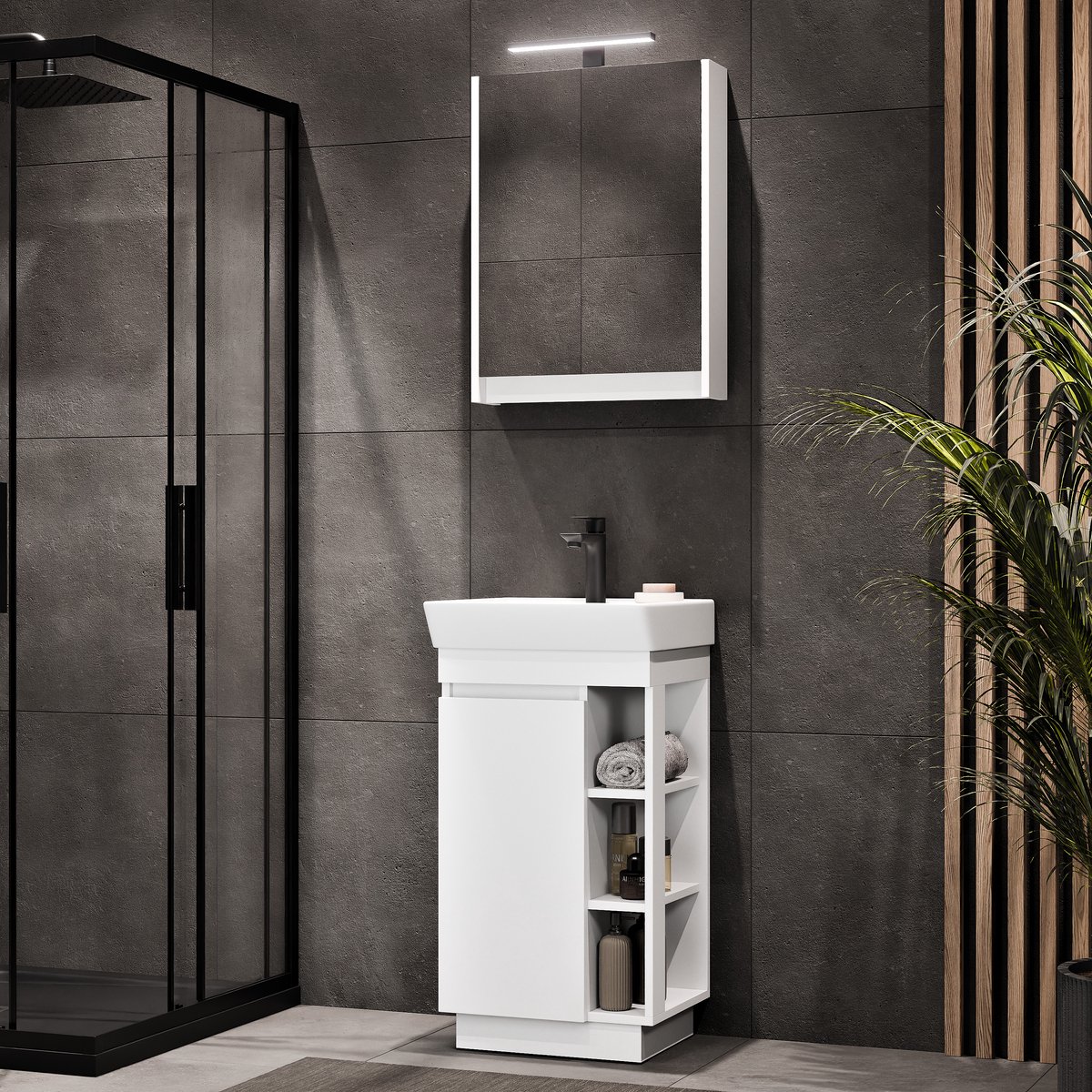 Planetmöbel NYX - Badkamermeubelset 45 cm - Mat wit - Met LED-spiegelkast - Kraant zwart