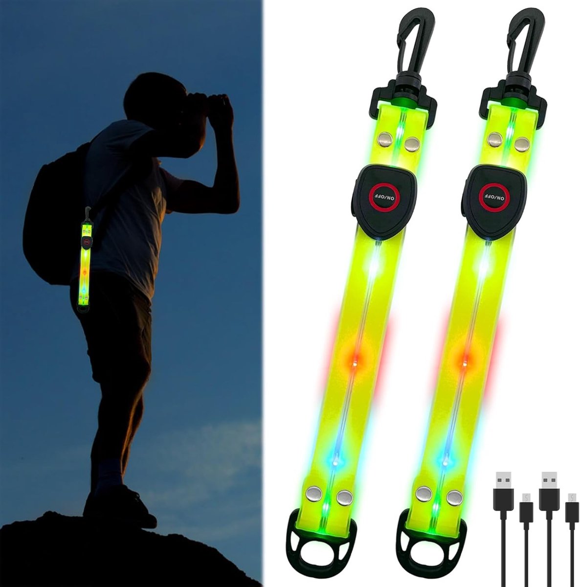 Set van 2 LED Flitslichten met Kleurrijke Verlichting voor Schooltassen en Jogging, Reflectoren met USB Oplader en Veiligheidsfunctie