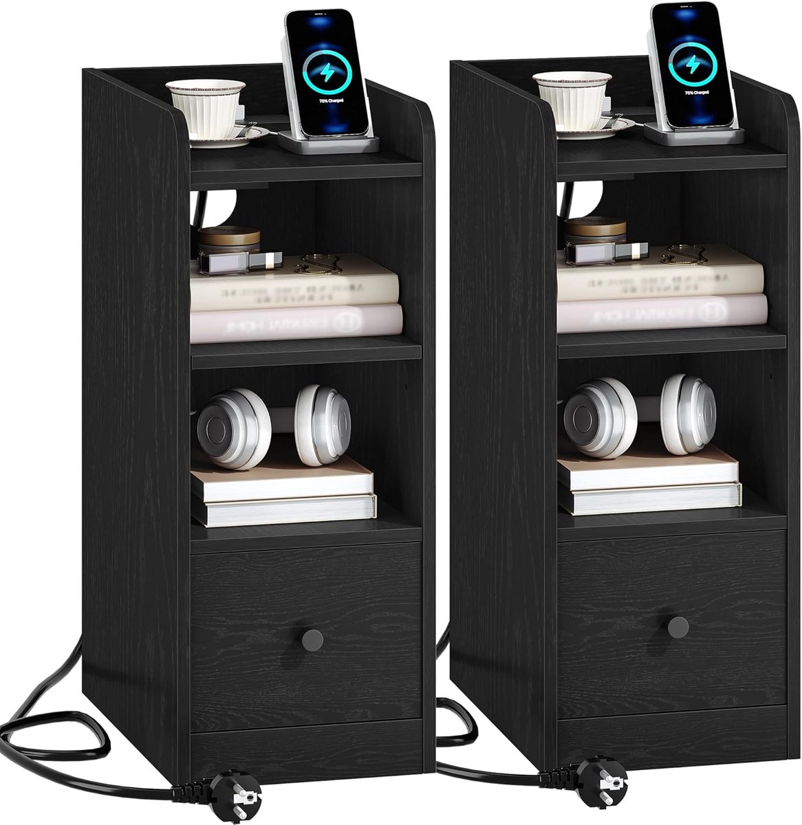 Hzuaneri Nachtkastje Set van 2 met Oplaadstation, USB & Type C Poort, Smalle Eindtafel, 3 Tiers Opbergruimte met 1 Lade, Ruimtebesparend, voor Slaapkamer, Woonkamer, Thuiskantoor, Zwart
