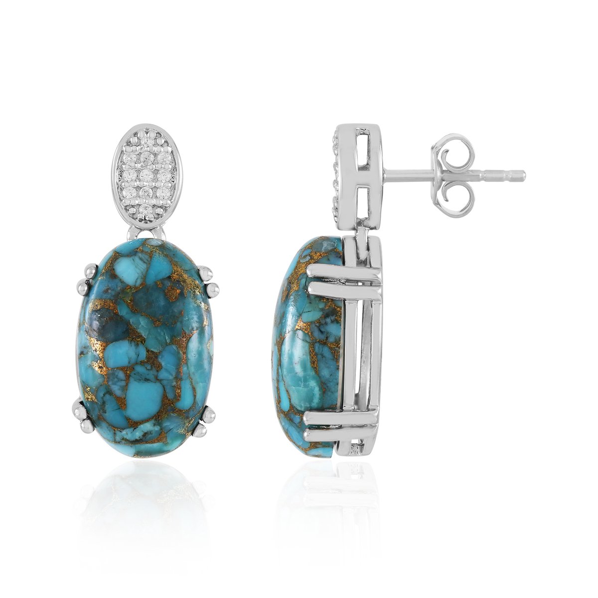 Cavill - 925 Sterling Zilveren Oorbellen - Blauwe Mohave Turkoois 12.6ct - Zirkoon Pavé - Ovaal Cabochon - Zomerfeest & Casual Sieraden