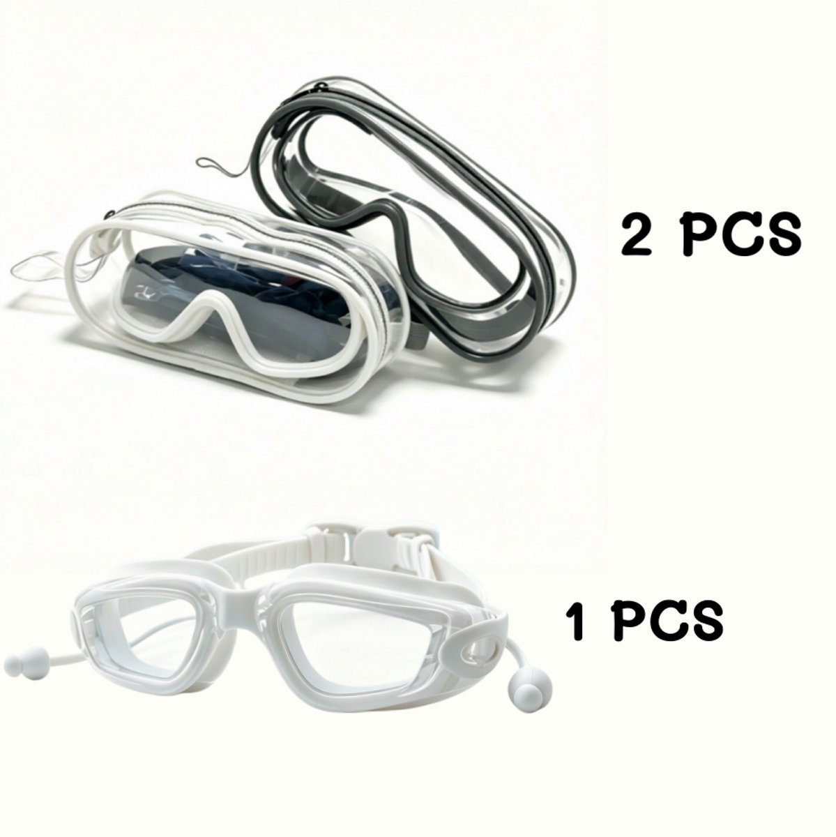 Namajunas - Zwembril opbergtas set - Set met 1 grijs & 1 wit opbergtasje voor zwembril, inclusief gratis HD anti-condens zwembril - Zwembril met oordopjes - Ademend zwembril bescherm hoesje - Verstelbare band - Transparant - Unisex