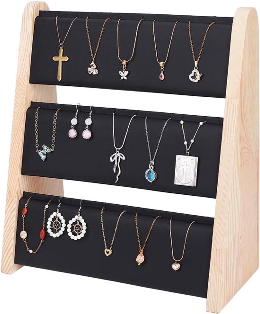 Houten Kettingenhouder met 3 Niveaus voor Sieraden, Organisator en Display voor Woonkamer, Kerstcadeau en Decoratie, 31 x 13.7 x 34cm