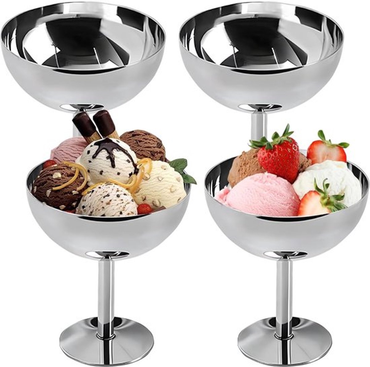 Set van 4 RVS IJsroomkopjes - 10 cm Diameter, 200 ml Dessertkommen voor IJs, Cocktails en Salades, Ideaal voor Yogurt en Toetjes