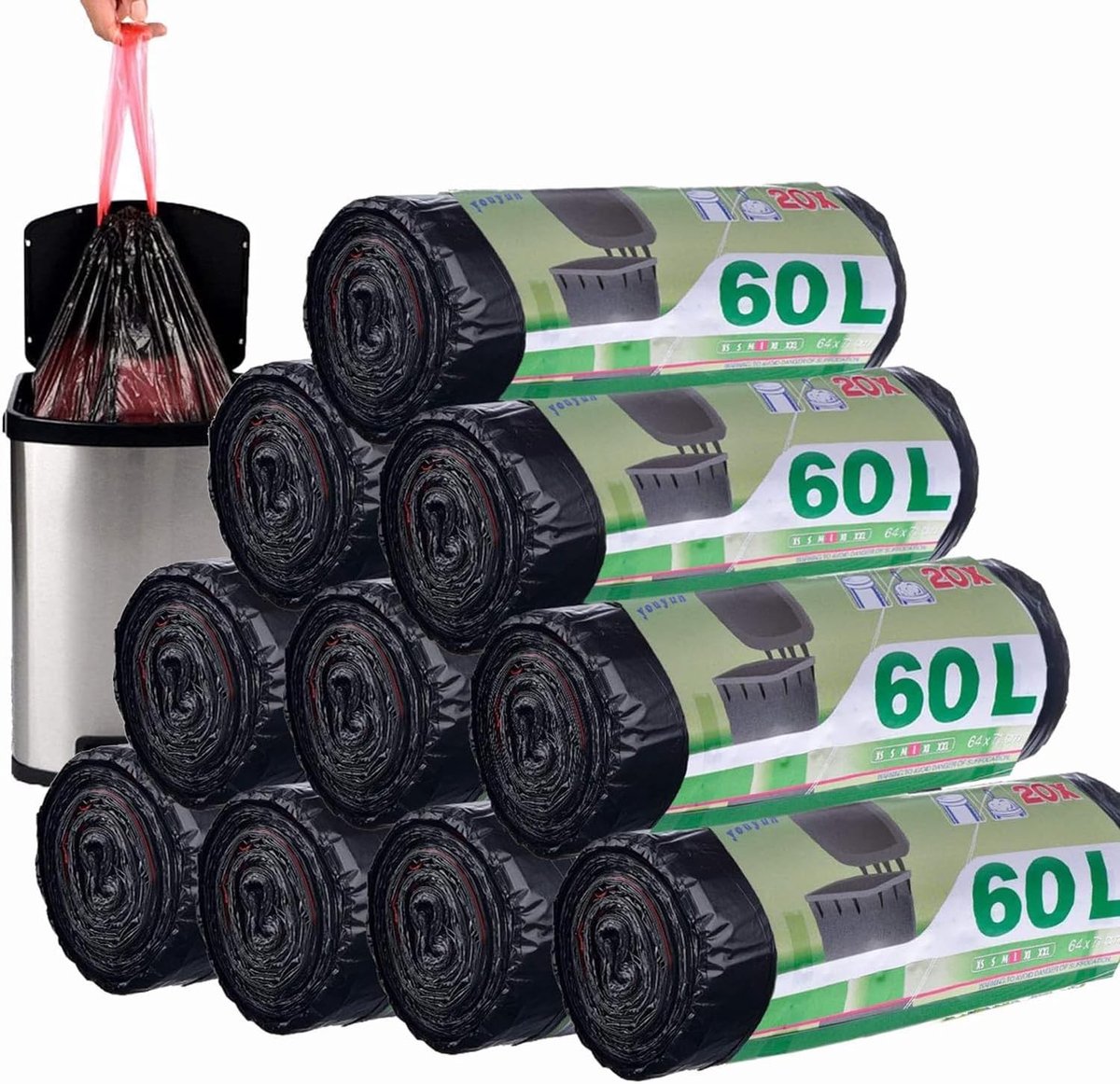 200 Afvalzakken 60L met Treksluiting - 10 Stuks 64x71cm Zwart | Vuilniszakken voor Keuken en Kantoor, Sterk en Lekvrij