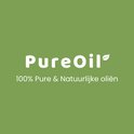 Tekst 'PureOil' met een groen blad op een groene achtergrond.