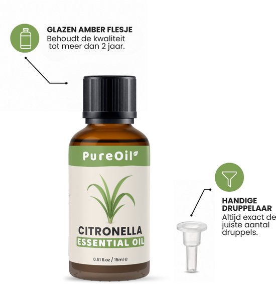 Bruin glazen flesje PureOil citroenolie met een druppelaar.