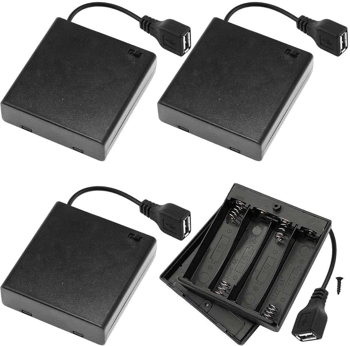 SnelShoppen - 4 Stuks AA Batterijhouder met USB Schakelaar, 6V USB Vrouwelijke Aansluiting, 4 x 1.5V AA Batterij Case Box voor RC Auto's en LED Verlic