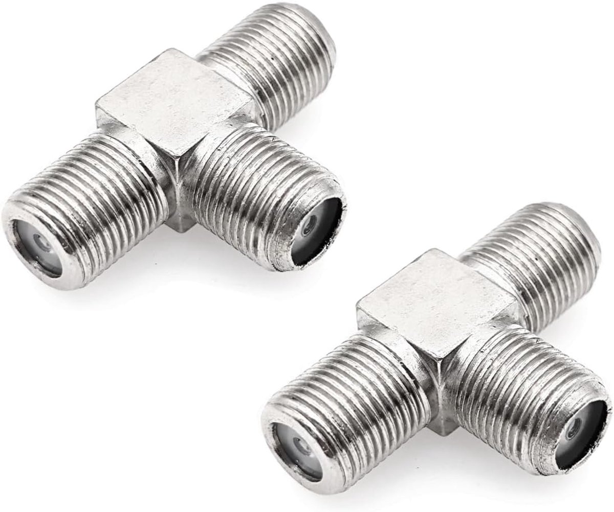 SnelShoppen - 2x F-Type 3-Weg T Splitter Connector, F-Vrouwelijk naar Dubbel Vrouwelijk Satelliet TV Coaxiale Kabel Splitter Adapter, 75 Ohm TV Antenn