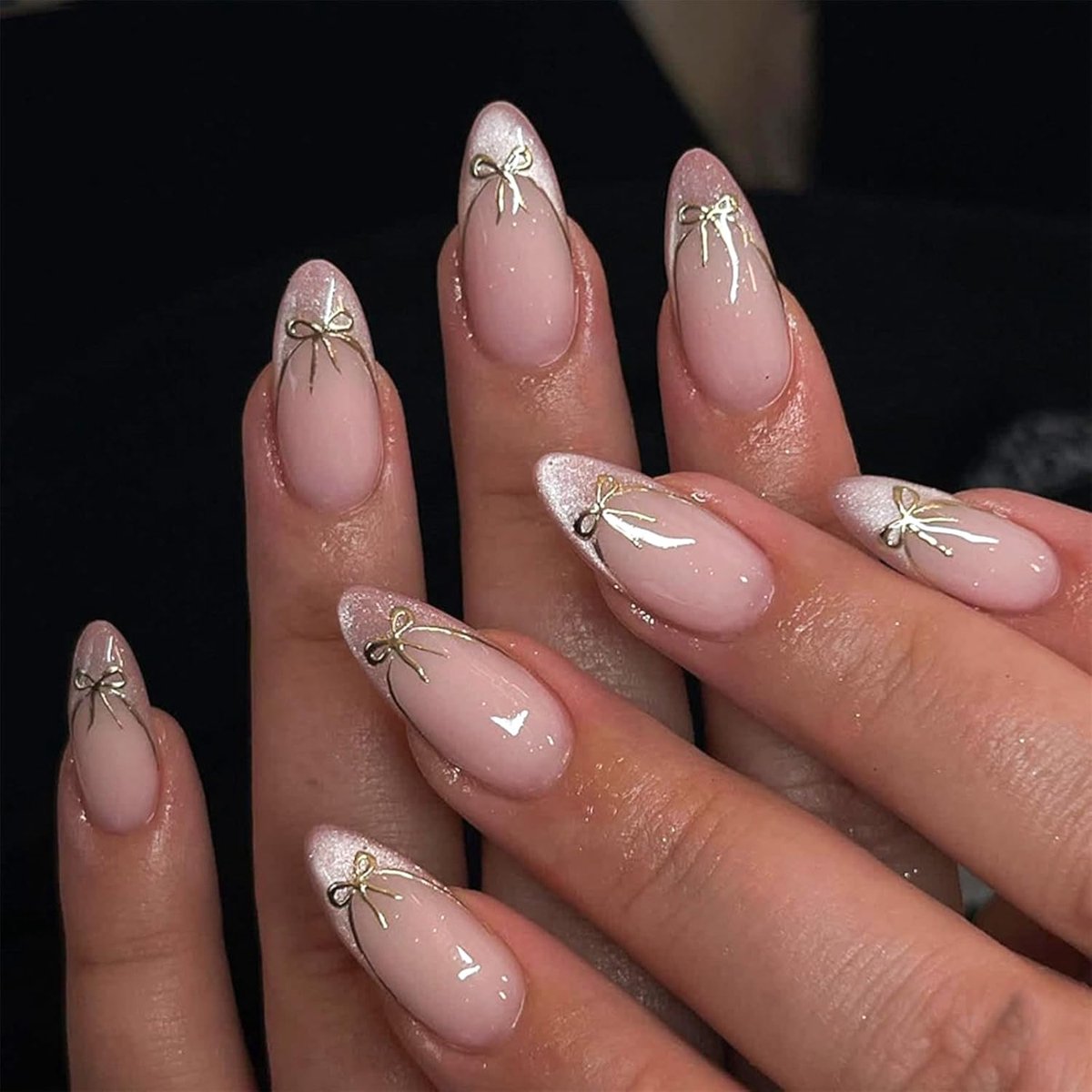 SnelShoppen - French Pink Cat Eye Druk Nagels met Glinsterende Gel Tips, Korte Franse Nepnagels met Gouden Strik, Ideaal voor Feest en Zomer