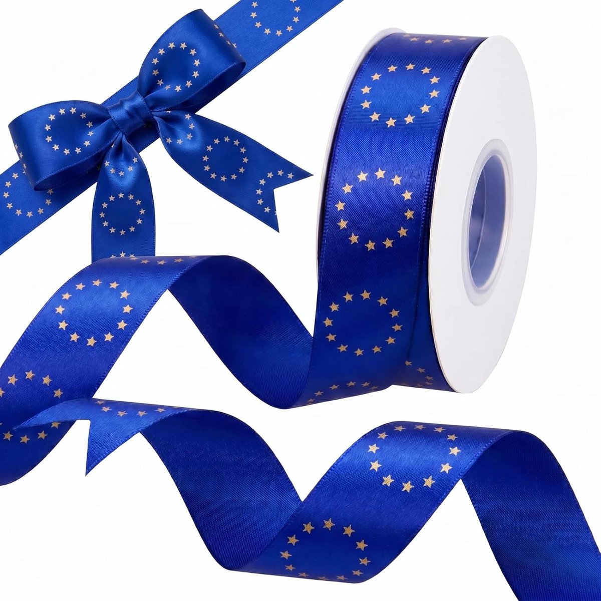 SnelShoppen - Europese Vlag Ribbons Blauw Geschenkribbons met Sterrenpatroon voor Inpakken, Creatieve Projecten, Decoratie, Medailles, Nationale Feest
