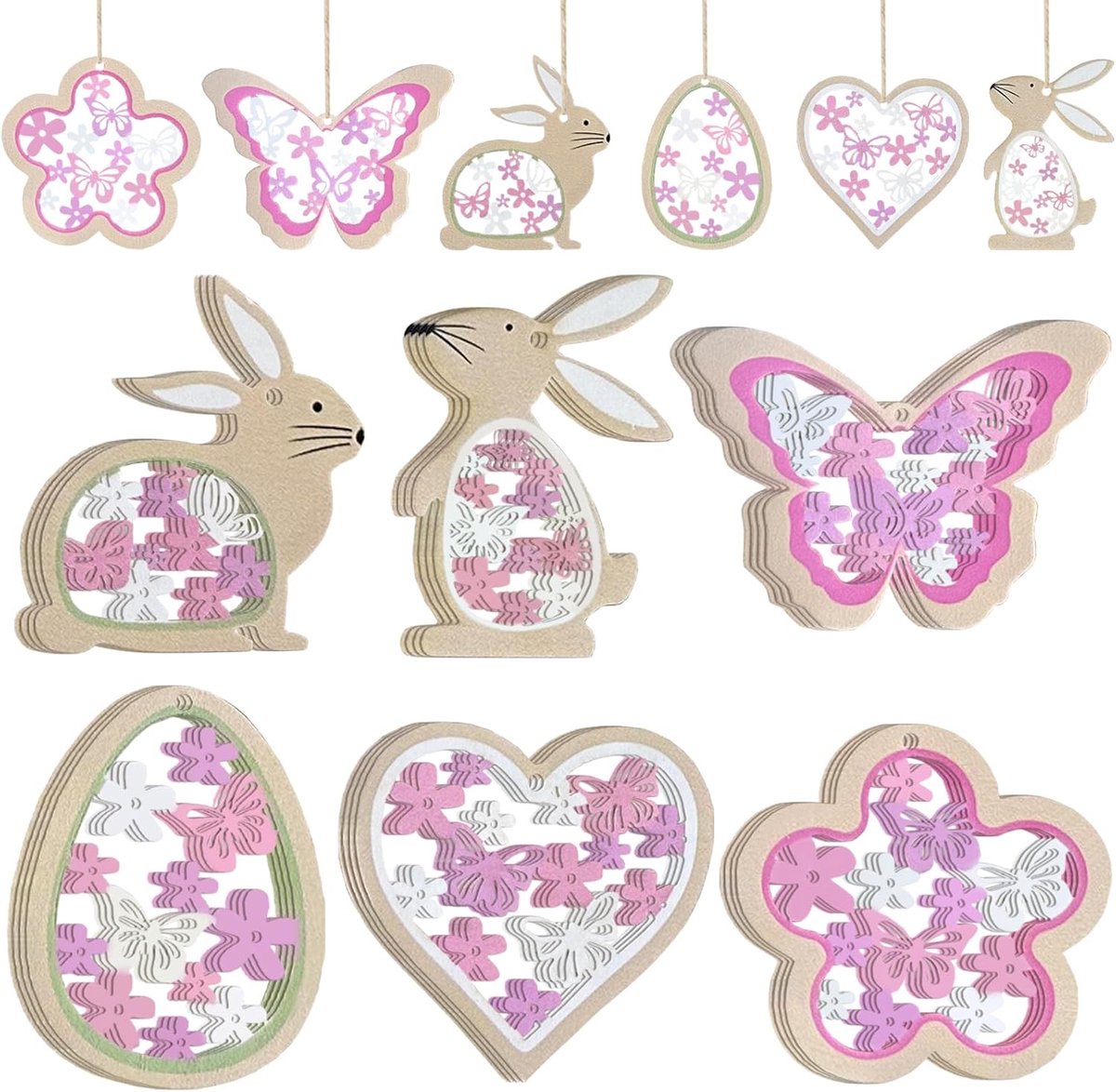 SnelShoppen - 24 stuks paasdecoratie om op te hangen, lentedecoratie, houten raamdecoratie, hangende vlinders en bloemen, roze, voor woonkamer, slaapk