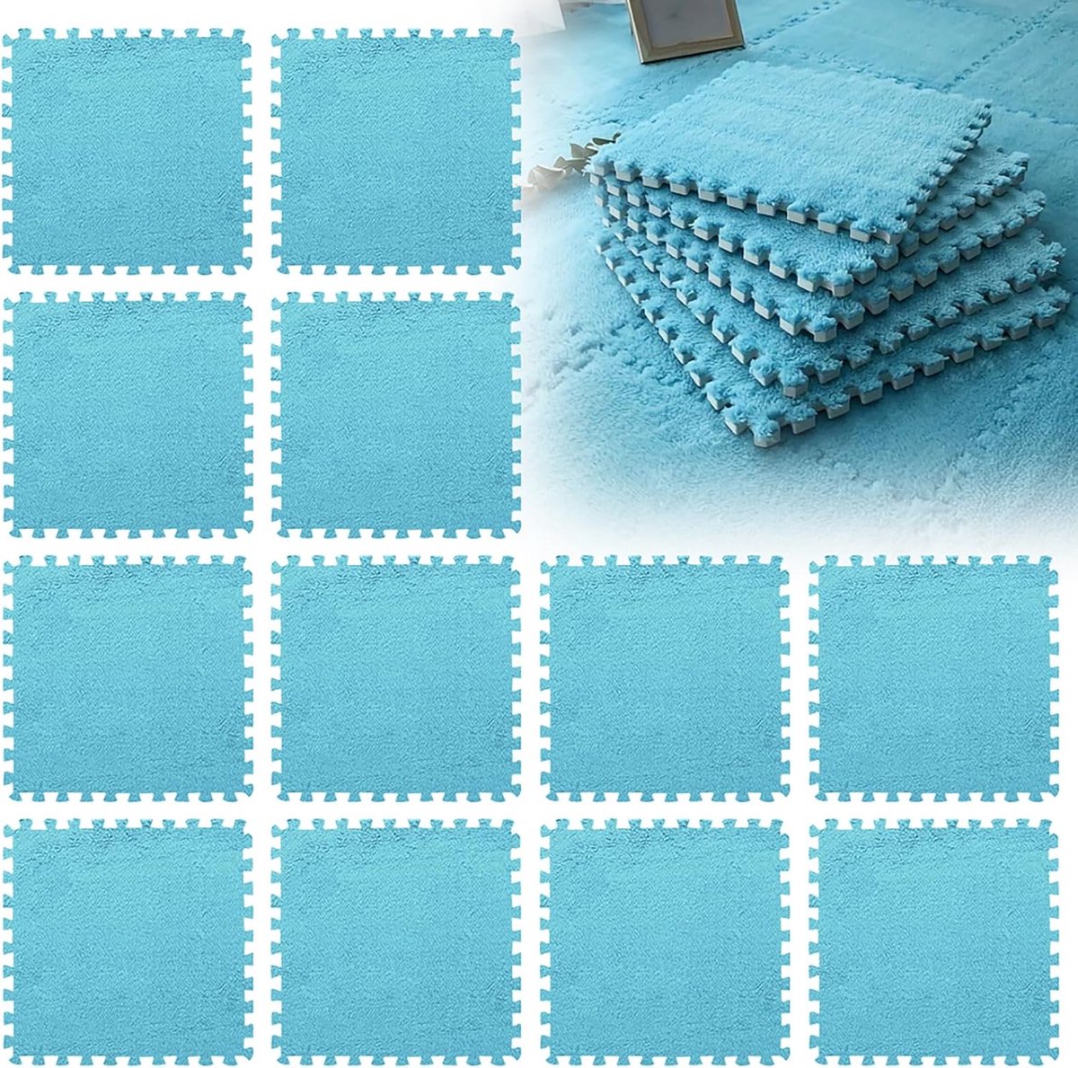 SnelShoppen - 12 Stuks In elkaar grijpende Pluche Schuim Matten 30 x 30 cm Vloer Tegels voor Speelruimte, Donkerblauw, Comfortabele Speelvloer, Ideaal
