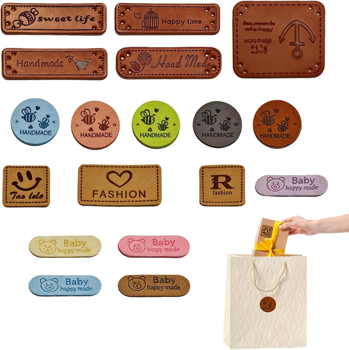 SnelShoppen - 20 Handgemaakte Leren Labels (5 Ontwerpen: Beer, Bij, Hart, Tekst) - Gepersonaliseerde Labels voor Kleding, Tassen of DIY - Inclusief Vo