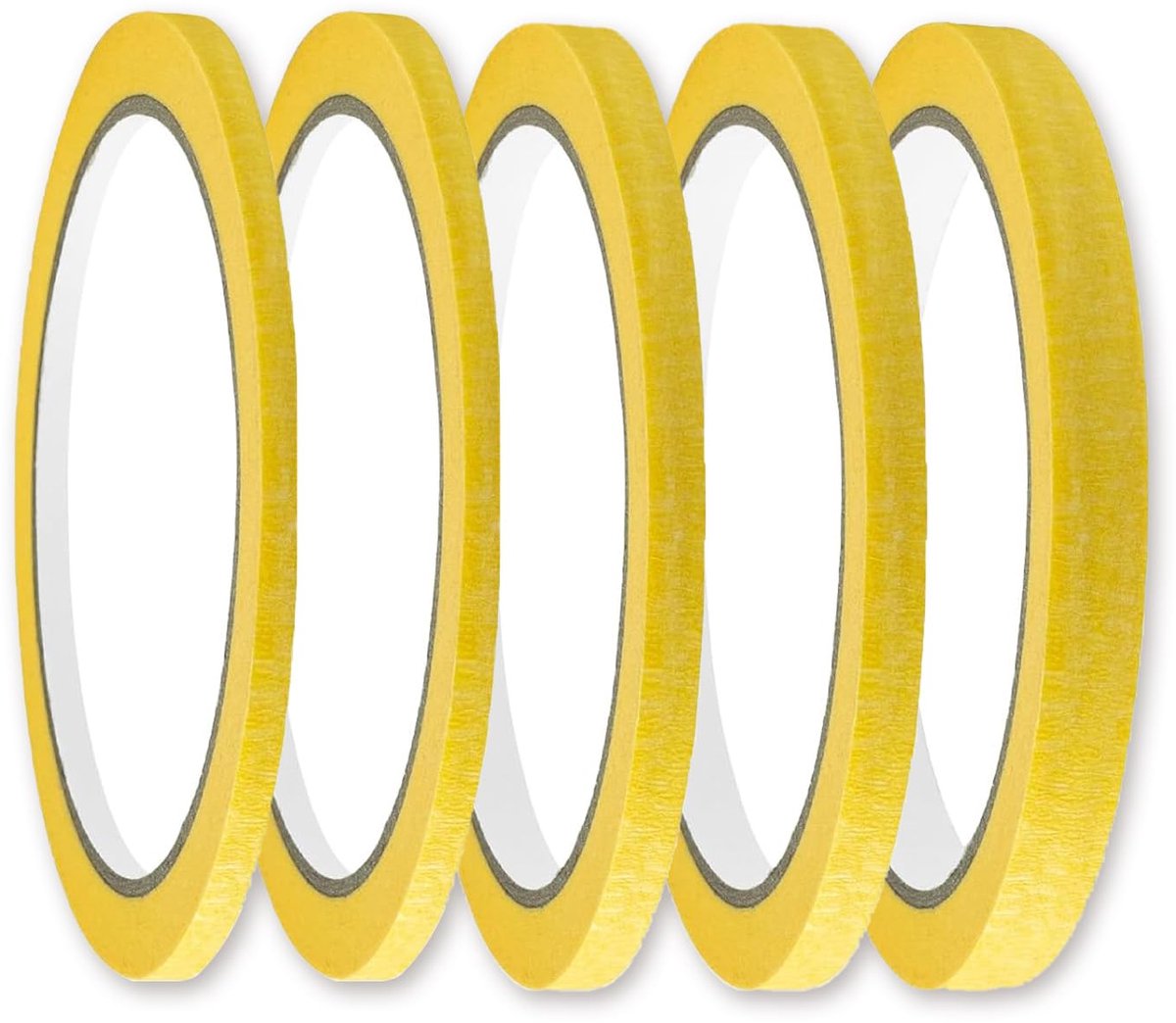 SnelShoppen - 5 Rollen Crepe Tape, Verf Tape, Zelfklevende Fineline Tape, 5 mm, 8 mm, 10 mm, 15 mm, 20m per rol, Geel, Voor Auto, School, Kantoor, DIY