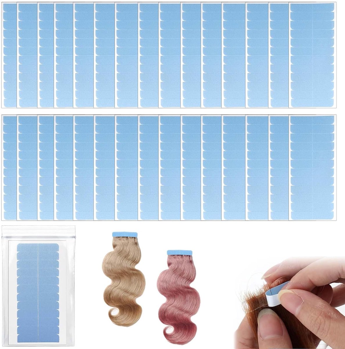 Haarverlenging zelfklevende tape - dubbelzijdig 4cm x 0.8cm - 300 stukken blauw - sterke hechting en vervangingen - SnelShoppen