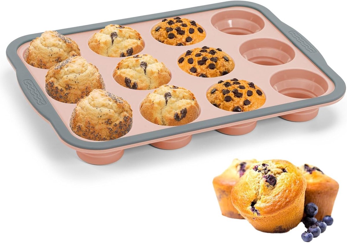 SnelShoppen - Siliconen Muffinvorm voor 12 Muffins met Robuust Metaal Frame, Antikleef Coating, Perfect voor Cupcakes, Brownies en Puddingen - BPA Vri