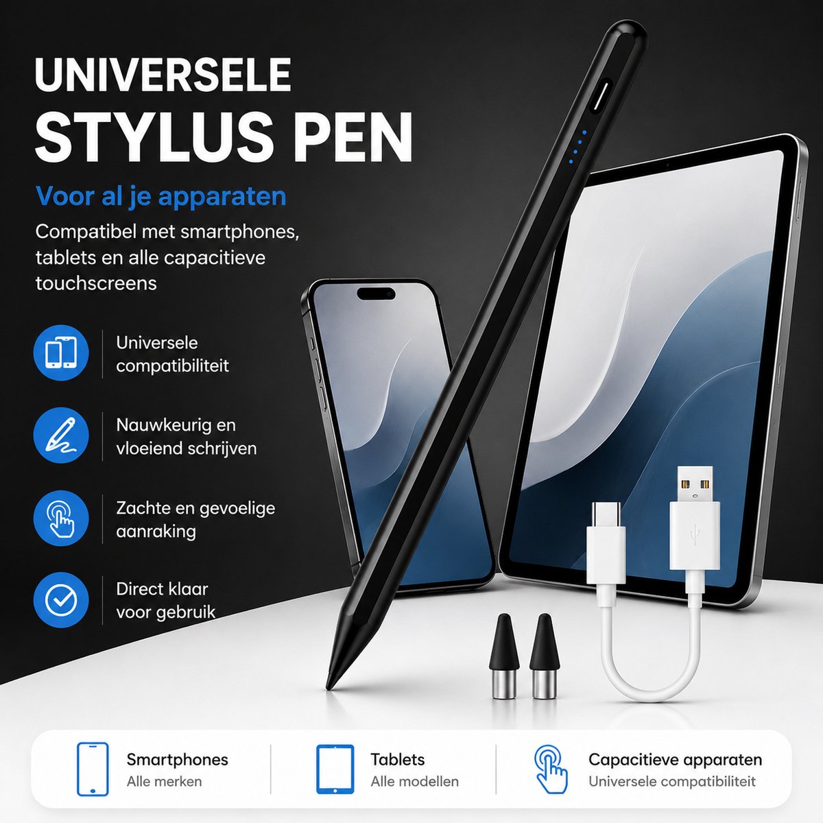 Universele Stylus Pen Zwart – Voor Touchscreens – Geschikt voor iOS, Android & Windows – Oplaadbaar – Nauwkeurig Schrijven & Tekenen – Tablet en Smartphone