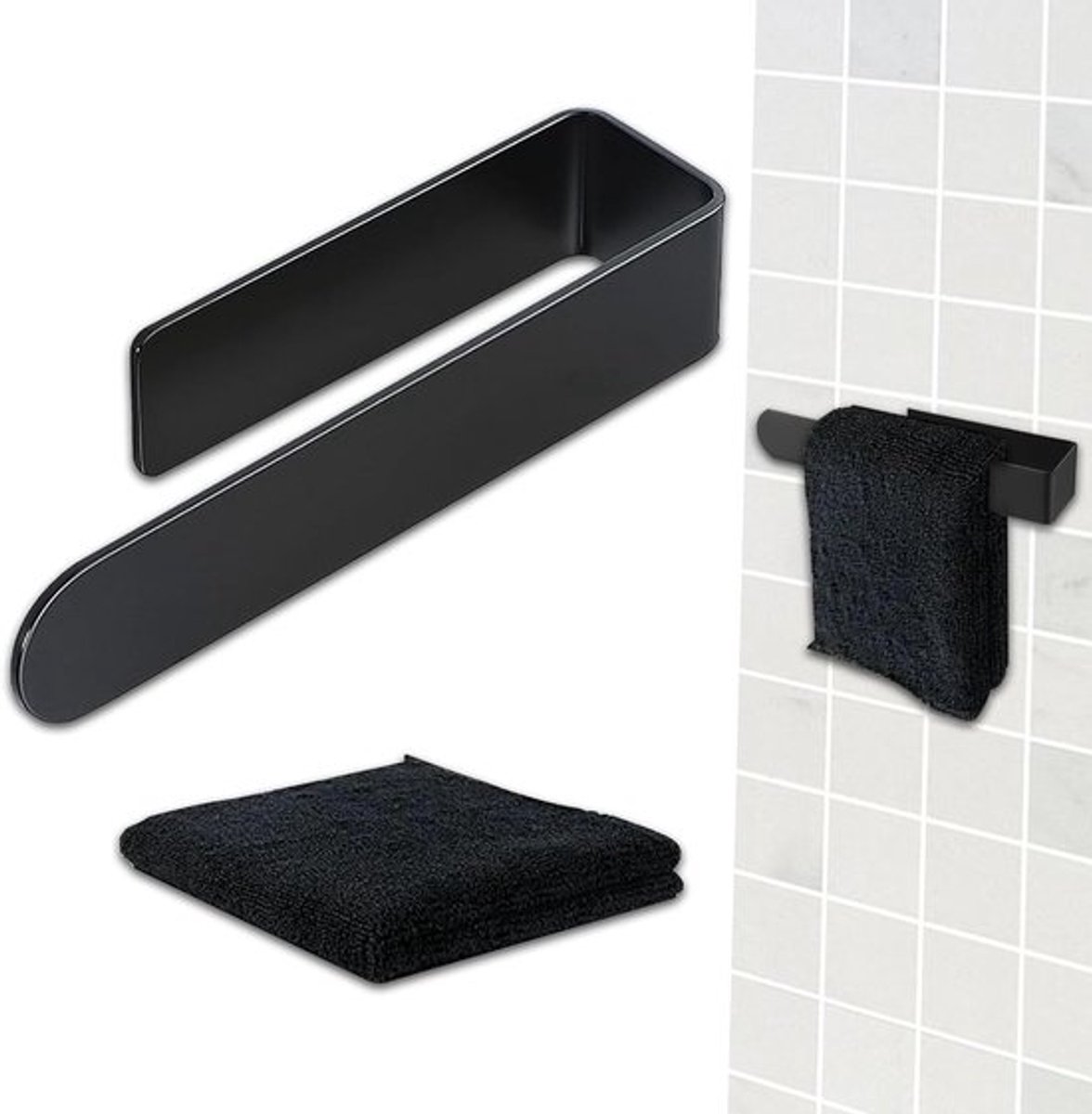 Zelfklevende Handdoekhanger zonder Boren, RVS Handdoekhouder voor Badkamer, Keuken en Slaapkamer - 23 cm, Zwart, Ruimtebesparend en Duurzaam