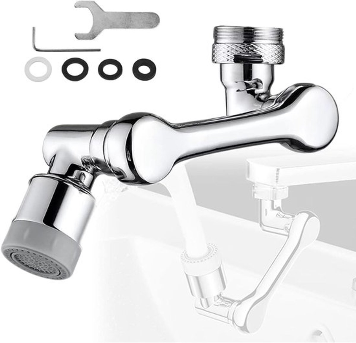 Draaibare Waterkraan met Jet Regulator en Waterbesparende Functie voor Keuken en Badkamer, 360 Graden Rotatie en Universele Sprayfilter